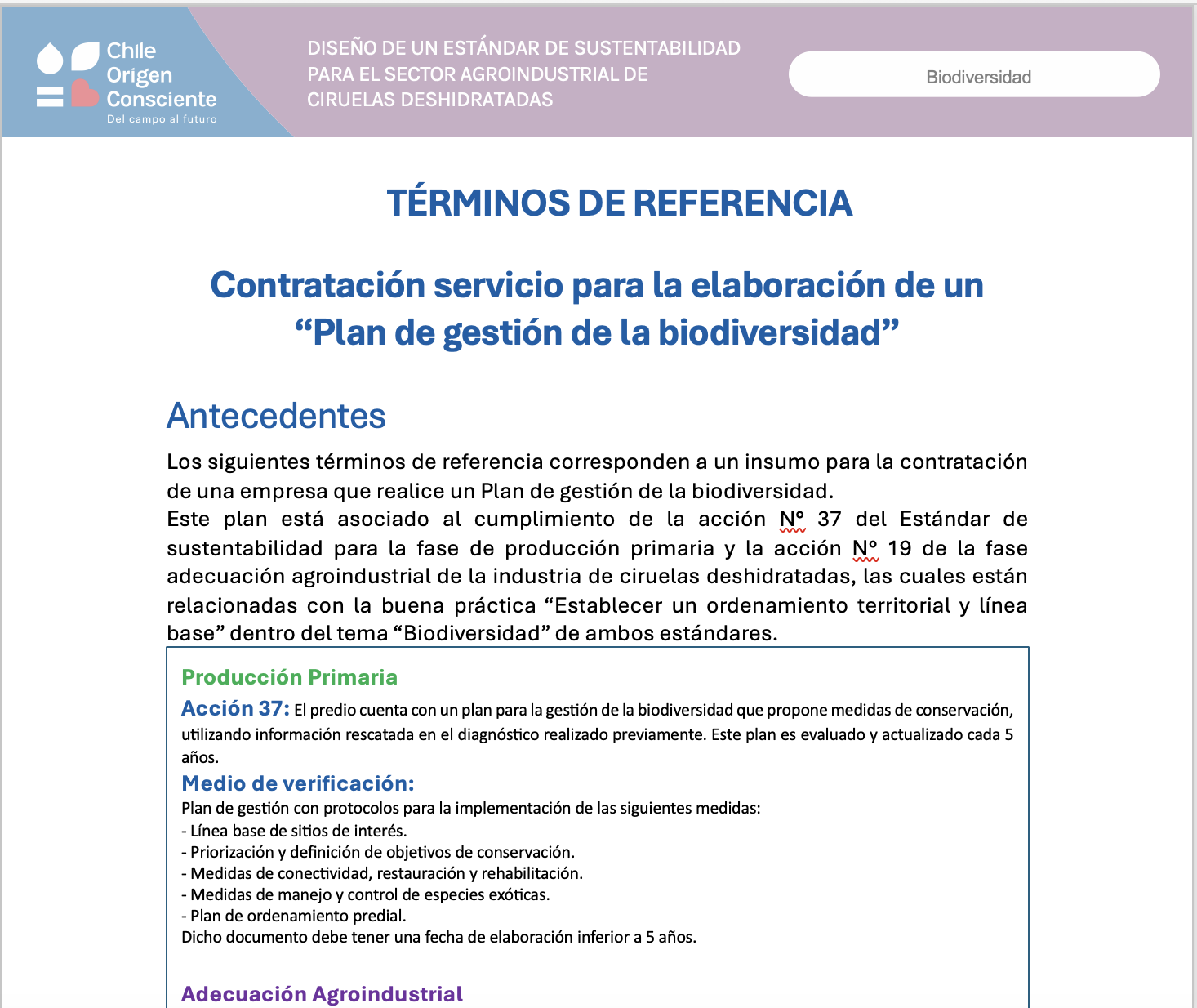 TDR Plan de gestión de la biodiversidad